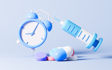 Cartoon alarm clock and pills in the blue background, 3d rendering. Digital drawing.の写真素材
