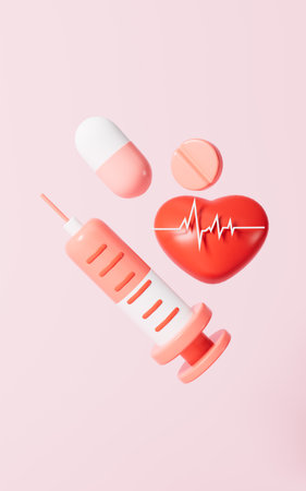 Cartoon syringe and drugs in the pink background, 3d rendering. Digital drawing.の写真素材