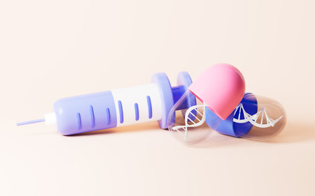 Cartoon DNA and injection syringe, 3d rendering. Digital drawing.の写真素材