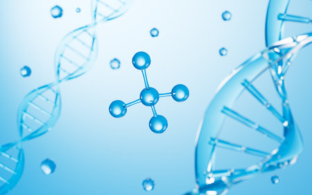 DNA and molecular structure in the blue background, 3d rendering. Digital drawing.の写真素材