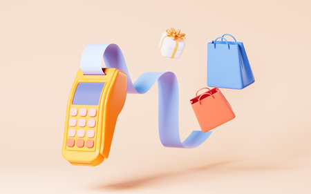 Shopping bags and pos terminal, 3d rendering. Digital drawing.の写真素材