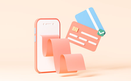 Mobile phone and bank cards in the orange background, 3d rendering. Digital drawing.の写真素材