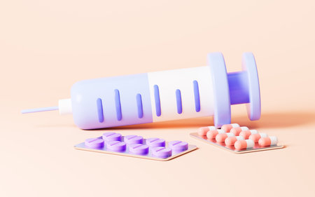 Cartoon syringe and drugs in the pink background, 3d rendering. Digital drawing.の写真素材