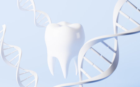 Tooth and DNA in the blue background, 3d rendering. Digital drawing.
