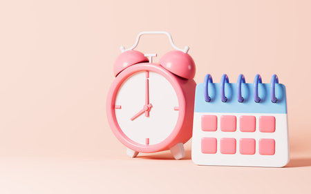 Cartoon calendar and alarm clock in the pink background, 3d rendering. Digital drawing.