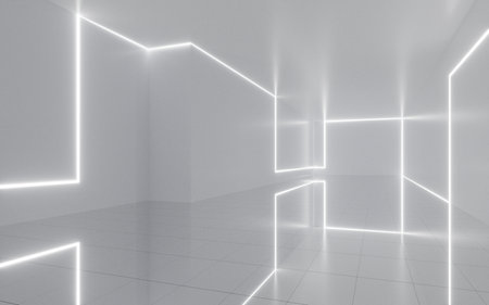 Abstract indoor building with neon light, 3d rendering. Digital drawing.の写真素材