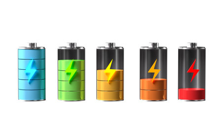 Various level energy alkaline batteries, 3d rendering. Digital drawing.の写真素材