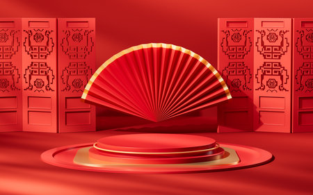 Red chinese style background stage, 3d rendering. Digital drawing.の写真素材