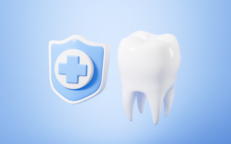 Cartoon tooth and shield, dental care and cleaning, 3d rendering. Digital drawing.の写真素材