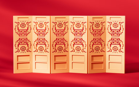Chinese style folding screen in the red background, 3d rendering. Digital drawing.の写真素材