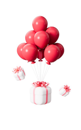 White gift boxes with red bow and balloons on white background. 3d rendering. Digital drawing.の写真素材