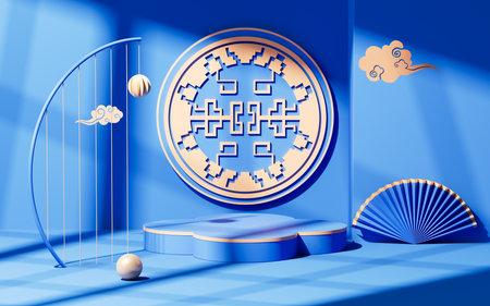 Blue chinese style background stage, 3d rendering. Digital drawing.の写真素材