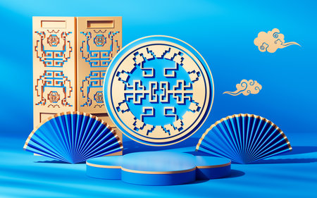 Blue chinese style background stage, 3d rendering. Digital drawing.の写真素材