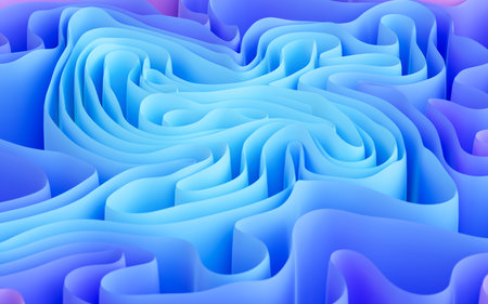Abstract flowing curves, folded ribbons, fashion wallpaper with wavy layers. Digital drawing.の写真素材
