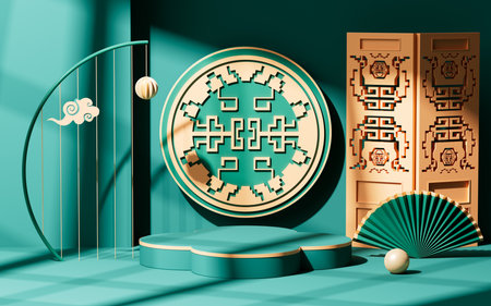Green chinese style background stage, 3d rendering. Digital drawing.の写真素材