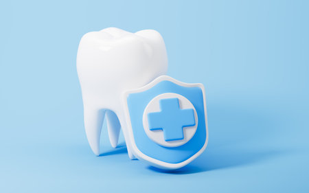 Cartoon tooth and shield, dental care and cleaning, 3d rendering. Digital drawing.の写真素材