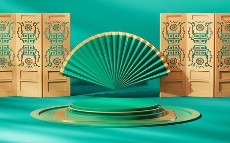 Green chinese style background stage, 3d rendering. Digital drawing.の写真素材