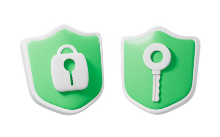 Cartoon shield with lock and key, 3d rendering. Digital drawing.の写真素材