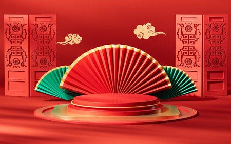 Red chinese style background stage, 3d rendering. Digital drawing.の写真素材