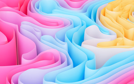 Abstract flowing curves, folded ribbons, fashion wallpaper with wavy layers. Digital drawing.の写真素材