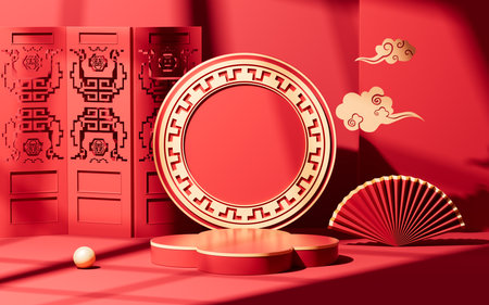 Red chinese style background stage, 3d rendering. Digital drawing.の写真素材