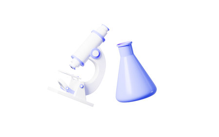 Cartoon microscope and conical flask in the white background, 3d rendering. Digital drawing.の写真素材