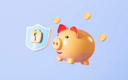 Cartoon piggy bank and shield, 3d rendering. Digital drawing.の写真素材