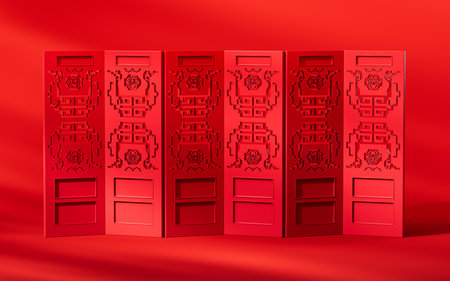 Chinese style folding screen in the red background, 3d rendering. Digital drawing.の写真素材