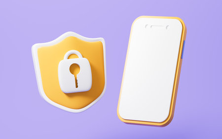 Cartoon mobile phone and shield, mobile phone encryption, 3d rendering. Digital drawing.の写真素材