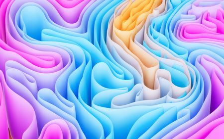 Abstract flowing curves, folded ribbons, fashion wallpaper with wavy layers. Digital drawing.の写真素材