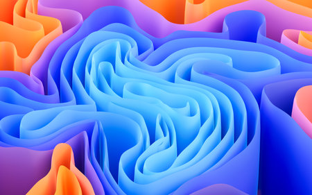 Abstract flowing curves, folded ribbons, fashion wallpaper with wavy layers. Digital drawing.の写真素材