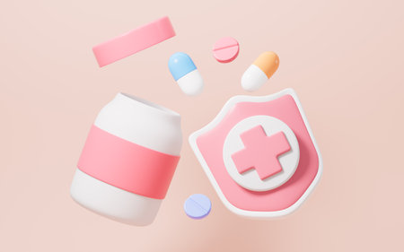 Cartoon shield with cross , disease protection, drug therapy and epidemic prevention concept, 3d rendering. Digital drawing.の写真素材
