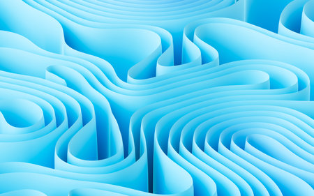 Abstract flowing curves, folded ribbons, fashion wallpaper with wavy layers. Digital drawing.の写真素材