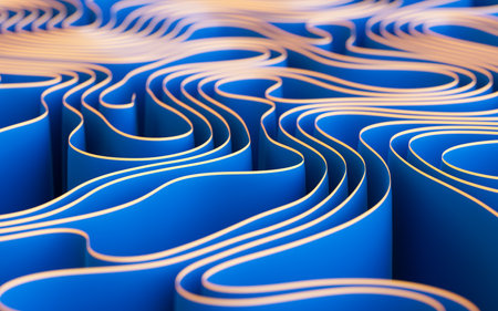 Abstract flowing curves, folded ribbons, fashion wallpaper with wavy layers. Digital drawing.の写真素材