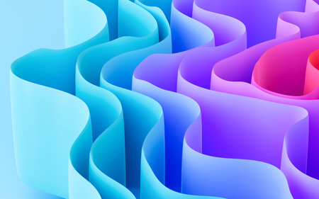 Abstract flowing curves, folded ribbons, fashion wallpaper with wavy layers. Digital drawing.の写真素材