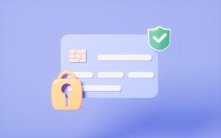 Cartoon bank card and padlock, bank card encryption, 3d rendering. Digital drawing.の写真素材