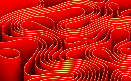Abstract flowing curves, folded ribbons, fashion wallpaper with wavy layers. Digital drawing.の写真素材