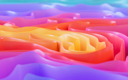 Abstract flowing curves, folded ribbons, fashion wallpaper with wavy layers. Digital drawing.の写真素材