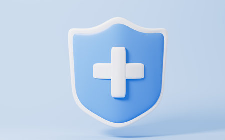 Cartoon shield with cross, disease protection, defend against viral infection, 3d rendering. Digital drawing.の写真素材
