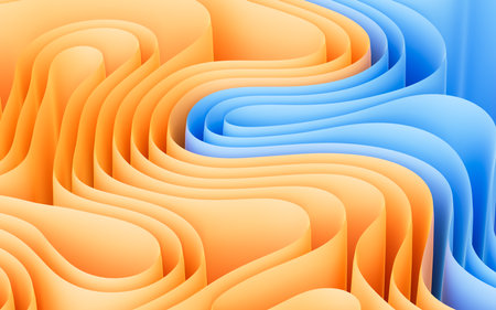 Abstract flowing curves, folded ribbons, fashion wallpaper with wavy layers. Digital drawing.の写真素材