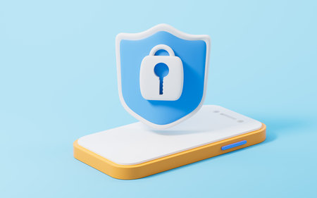 Cartoon mobile phone and shield, mobile phone encryption, 3d rendering. Digital drawing.の写真素材