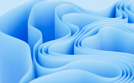 Abstract flowing curves, folded ribbons, fashion wallpaper with wavy layers. Digital drawing.の写真素材