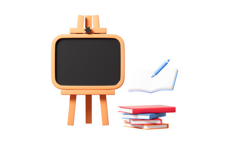 Cartoon blackboard and books in the white background, 3d rendering. Digital drawing.の写真素材