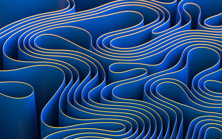 Abstract flowing curves, folded ribbons, fashion wallpaper with wavy layers. Digital drawing.の写真素材