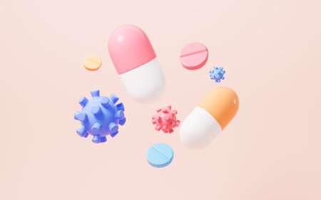 Virus and drug therapy, 3d rendering. Digital drawing.の写真素材