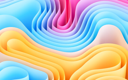 Abstract flowing curves, folded ribbons, fashion wallpaper with wavy layers. Digital drawing.の写真素材