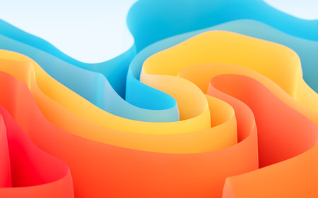 Abstract flowing curves, folded ribbons, fashion wallpaper with wavy layers. Digital drawing.の写真素材