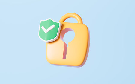 Cartoon lock with shield, unlock and permission concept, 3d rendering. Digital drawing.の写真素材