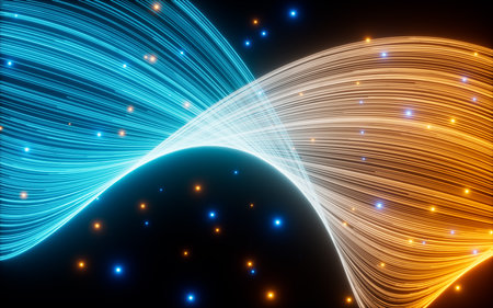 Abstract glowing particles trail, magic glow energy motion particles. Digital drawing.の写真素材
