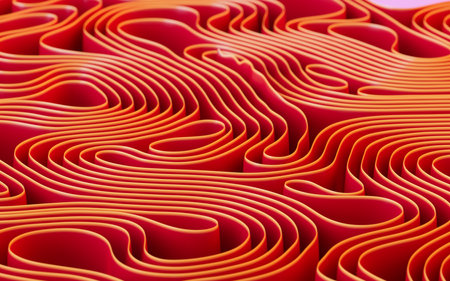 Abstract flowing curves, folded ribbons, fashion wallpaper with wavy layers. Digital drawing.の写真素材